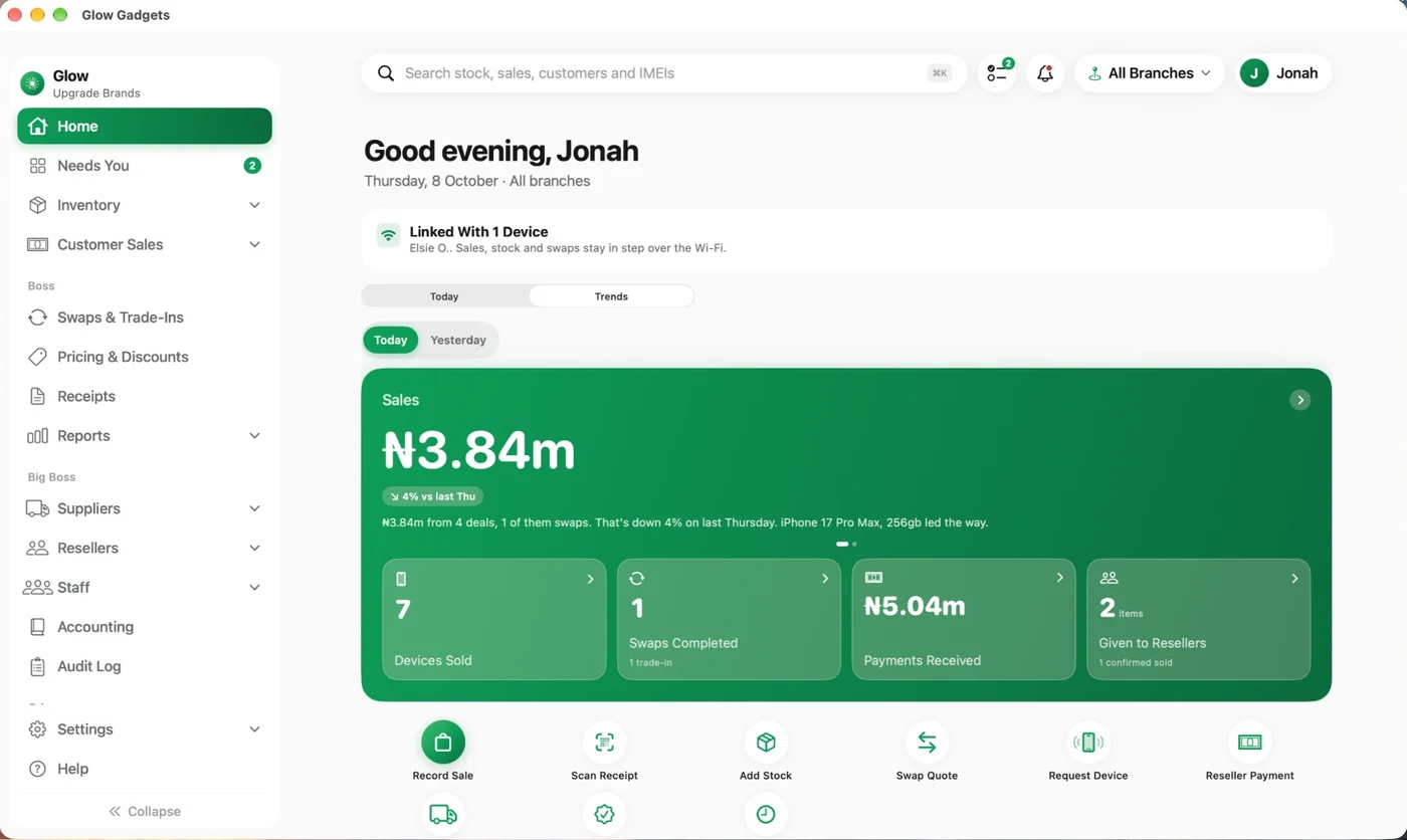 Glow Gadgets on a Mac: Home, 1 swap completed, ₦3.84m today