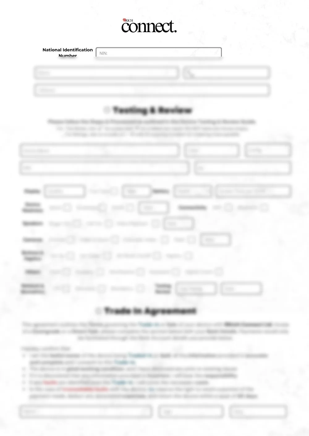 Connect’s swap form, details blurred