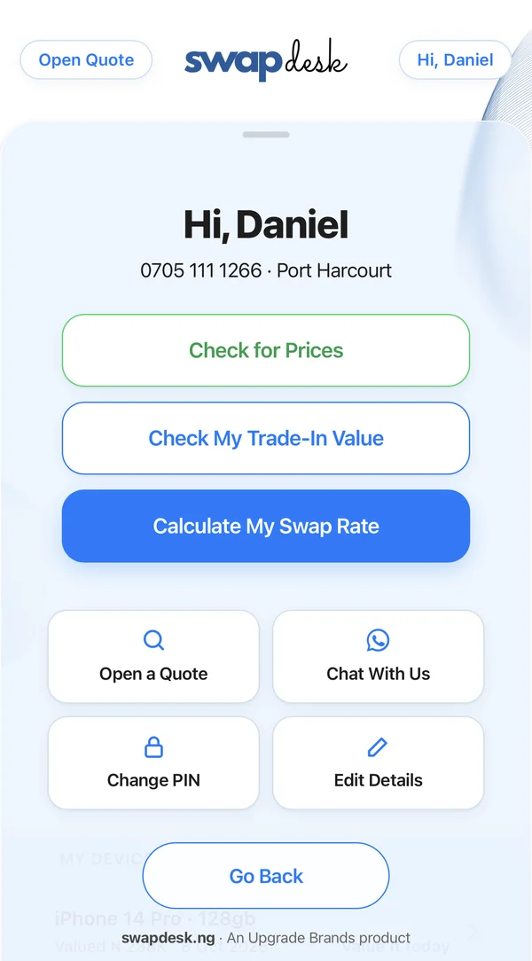 A customer account on swapdesk.ng: quotes, chat, PIN and details in one place
